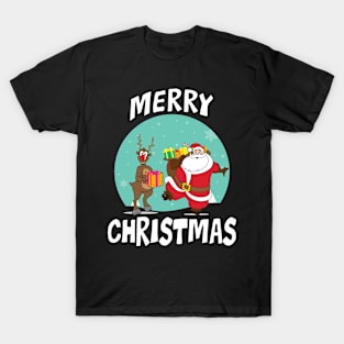 'Merry Christmas ' Adorable Christmas Santa & Reindeer T-Shirt